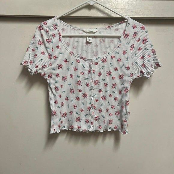 H&M Button Front Ribbed White Pink Rose Floral Top - Picture 1 of 4